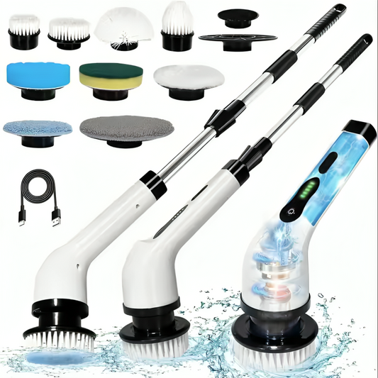 Rechargeable Electric Spin Scrubber with Extension Handle & Adaptive Brushes